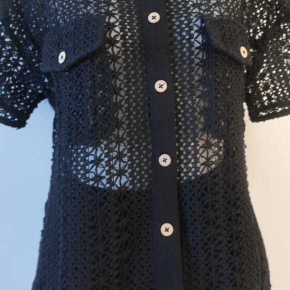 NWT Benaar LA Jeiley Black 2Pc Set Crochet Gauzy Contrast Collared Top Short M C - Picture 7 of 16